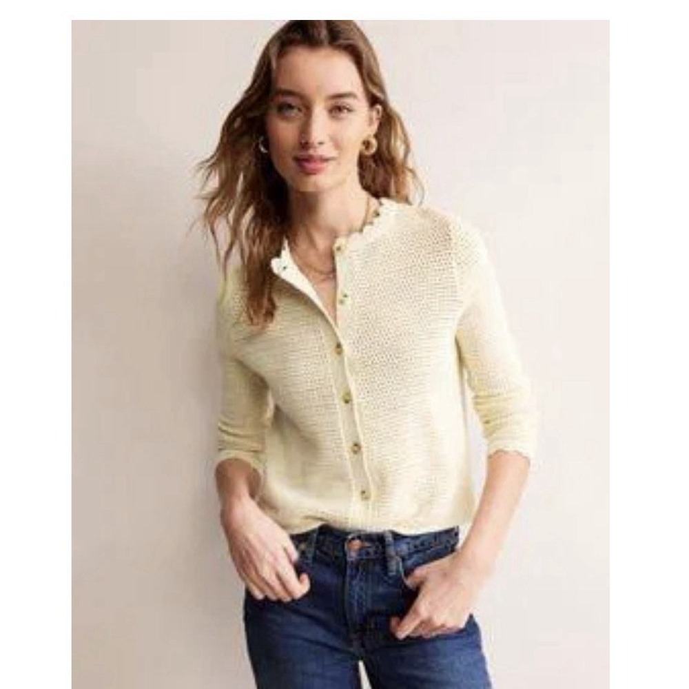 Boden Cotton Textured Scalloped Cardigan Women's Size Small Ivory Crochet Preppy